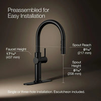 Black kitchen faucet with dimensions on a brown background