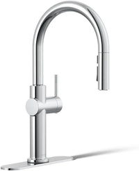Chrome kitchen faucet on a white background