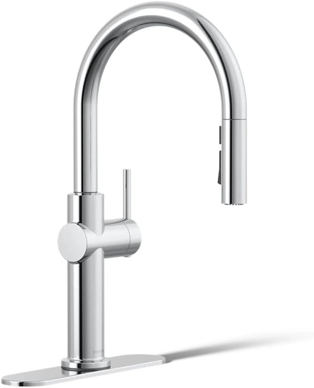 Chrome kitchen faucet on a white background
