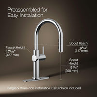 Chrome kitchen faucet with installation dimensions on a brown background