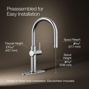 Chrome kitchen faucet with installation dimensions on a brown background