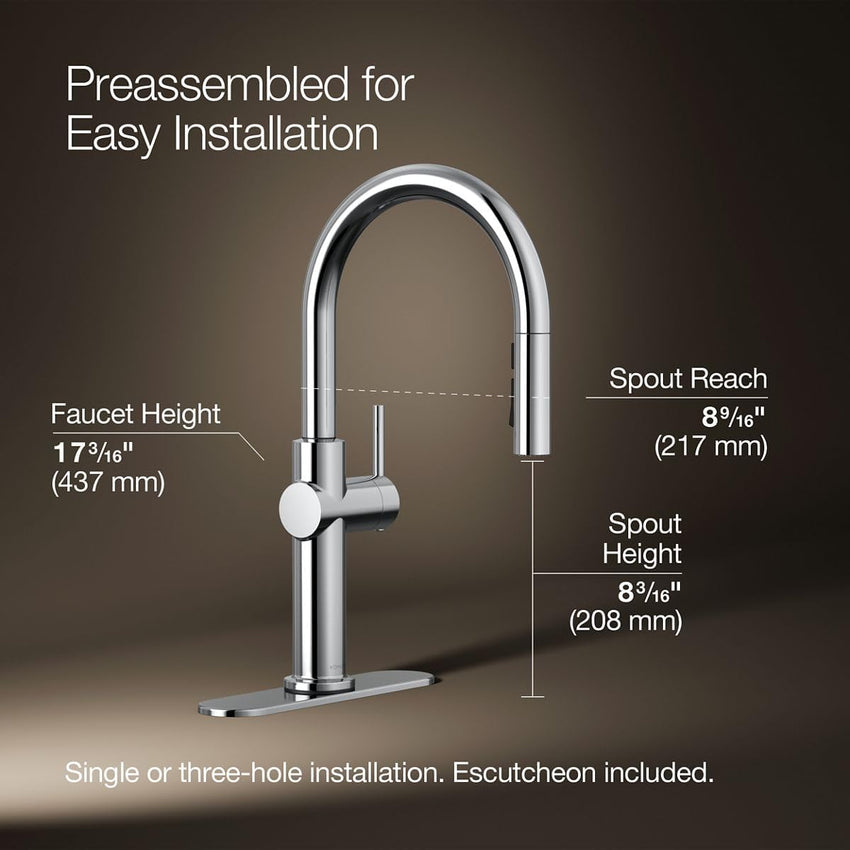 Chrome kitchen faucet with installation dimensions on a brown background