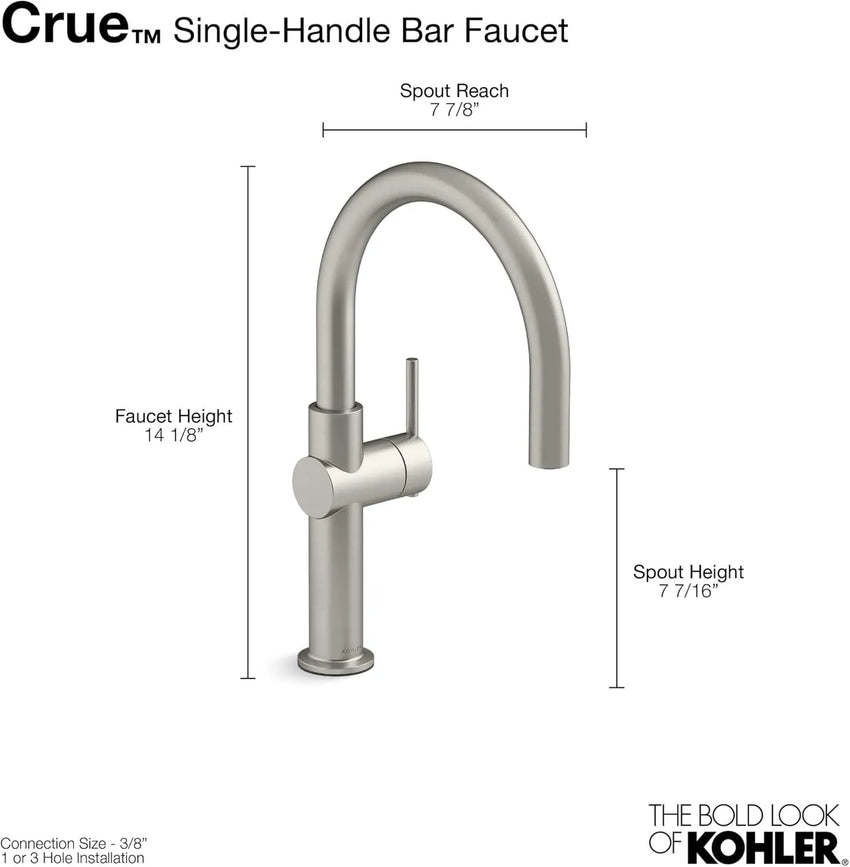 Kohler Crue single-handle bar faucet with dimensions on a white background