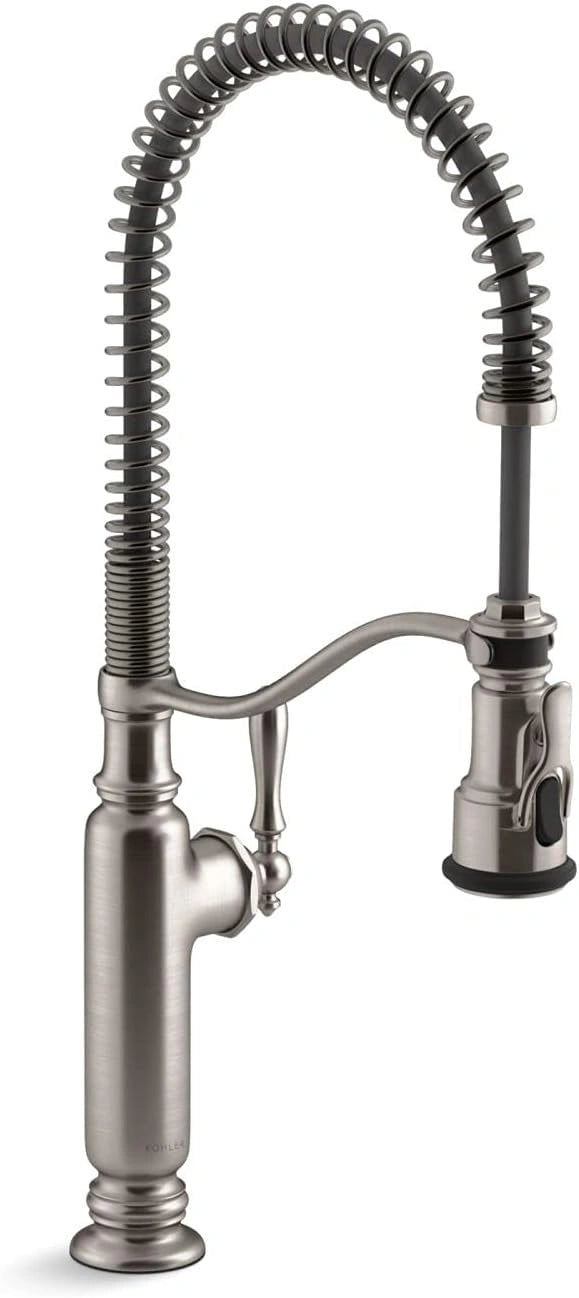 Stainless steel kitchen faucet with a flexible hose on a white background
