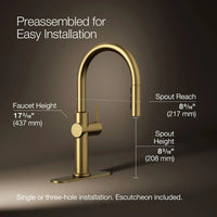 Gold kitchen faucet with installation dimensions on a dark background