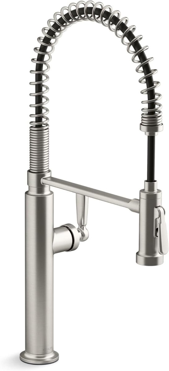 Stainless steel kitchen faucet with a pull-down spray head on a white background
