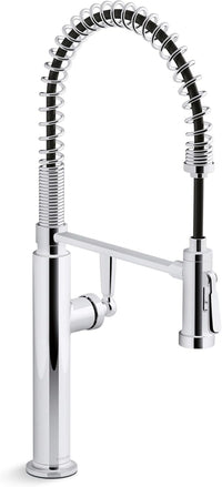 Chrome kitchen faucet with a flexible hose on a white background