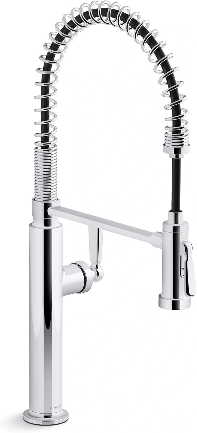 Chrome kitchen faucet with a flexible hose on a white background