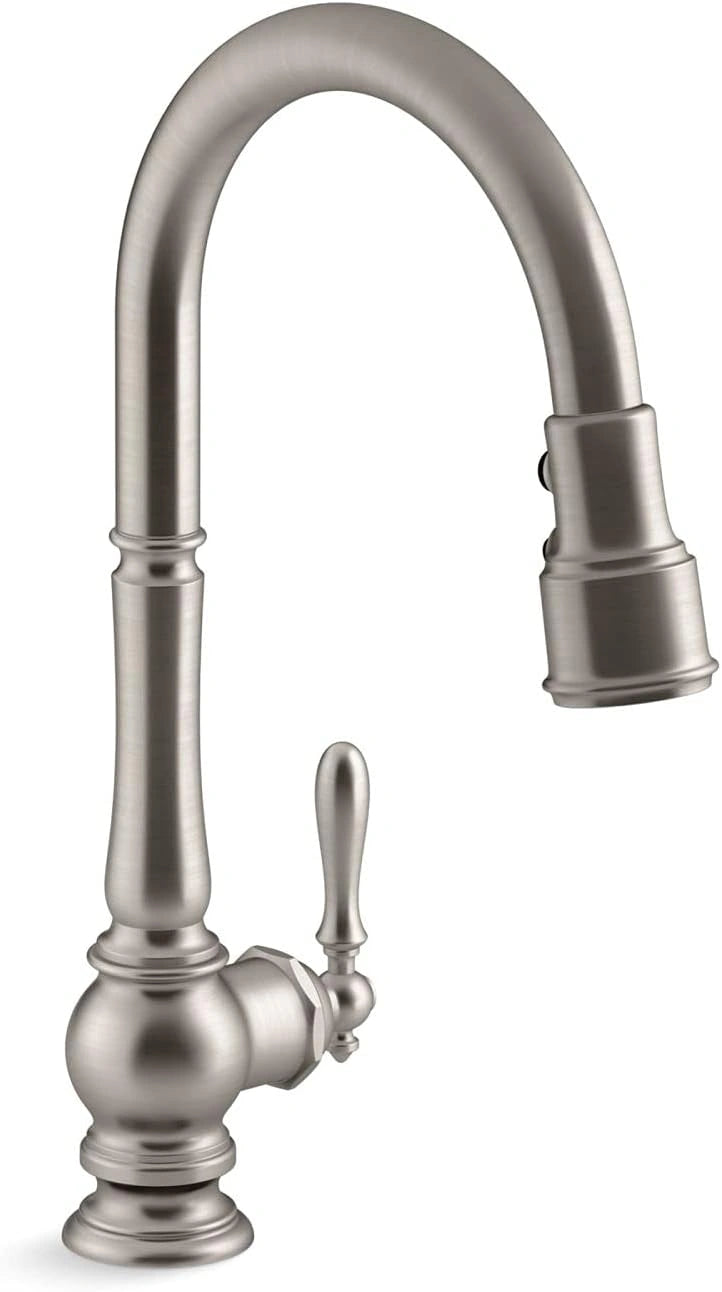 Stainless steel kitchen faucet on a white background