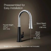 Kitchen faucet with measurement details on a brown background