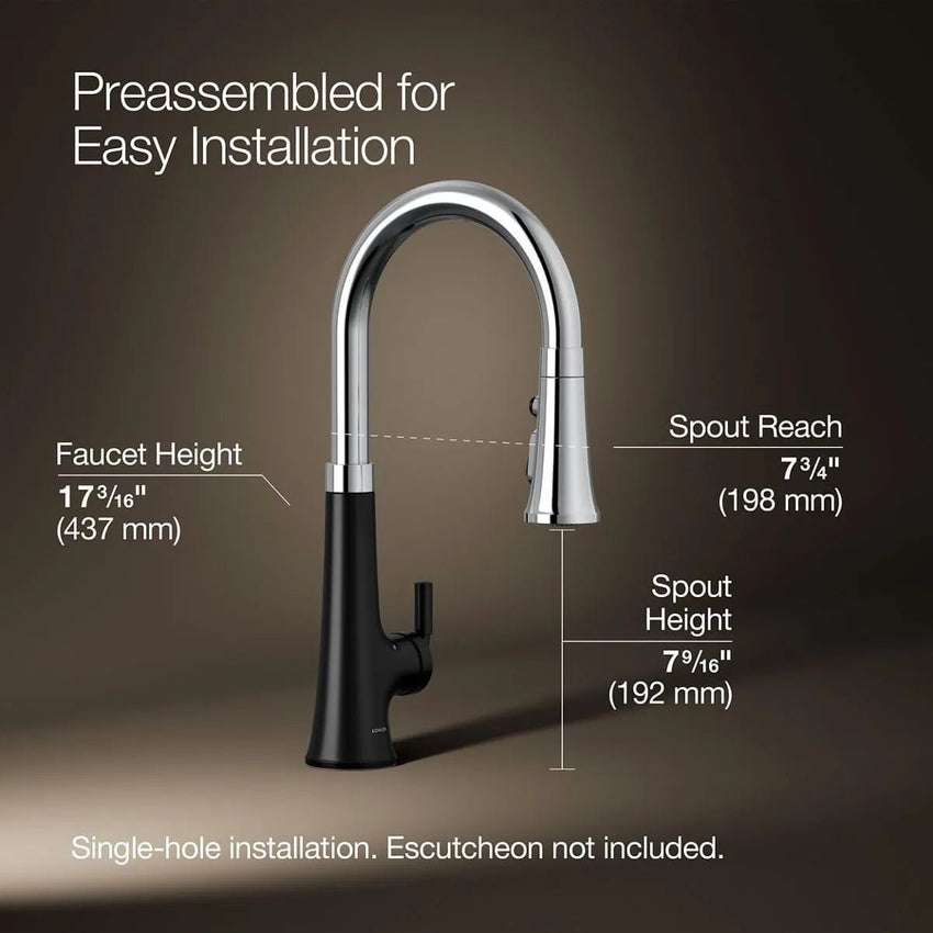 Kitchen faucet with measurement details on a brown background