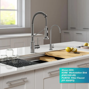 Modern kitchen setup with KORE workstation sink and PURITA filter faucet.