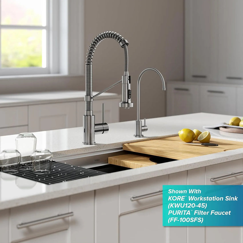 Modern kitchen setup with KORE workstation sink and PURITA filter faucet.