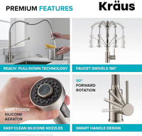 Kraus kitchen faucet with various features highlighted on a white background