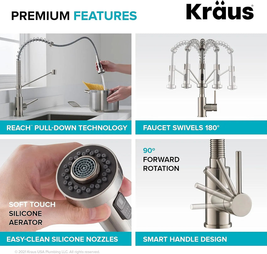 Kraus kitchen faucet with various features highlighted on a white background