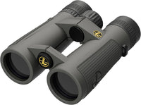 Gray binoculars with a brand logo on a white background