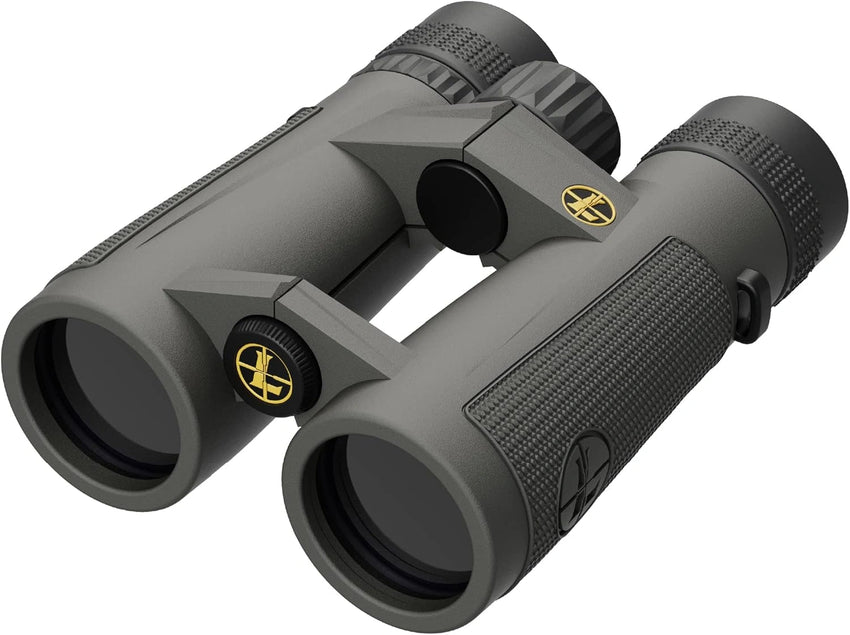 Gray binoculars with a brand logo on a white background