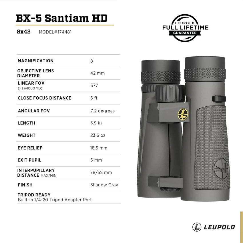 Leupold BX-5 Santiam HD binoculars with specifications on a white background