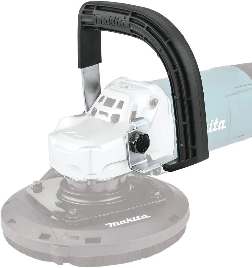 Makita sander with black sanding pad on a white background