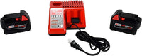 Two red Milwaukee batteries and a charger on a white background