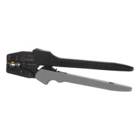 Crimping tool with black handle and metallic body on a white background