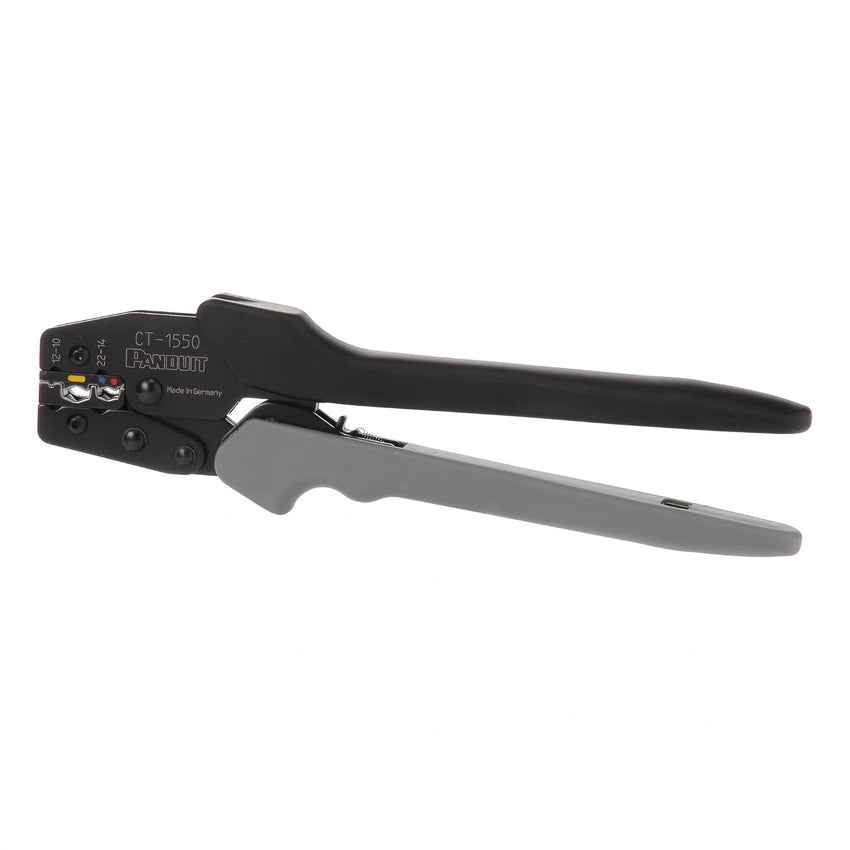 Crimping tool with black handle and metallic body on a white background