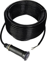 Coiled black cable with a sensor on a white background