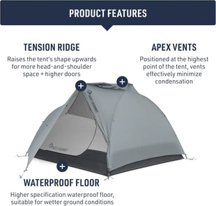 Camping tent with features highlighted on a white background