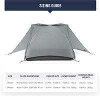 Tent with sizing guide displaying dimensions and weights on a white background