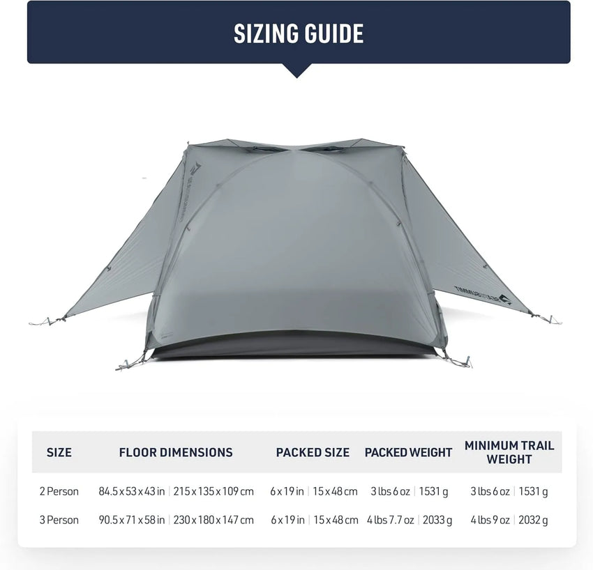 Tent with sizing guide displaying dimensions and weights on a white background
