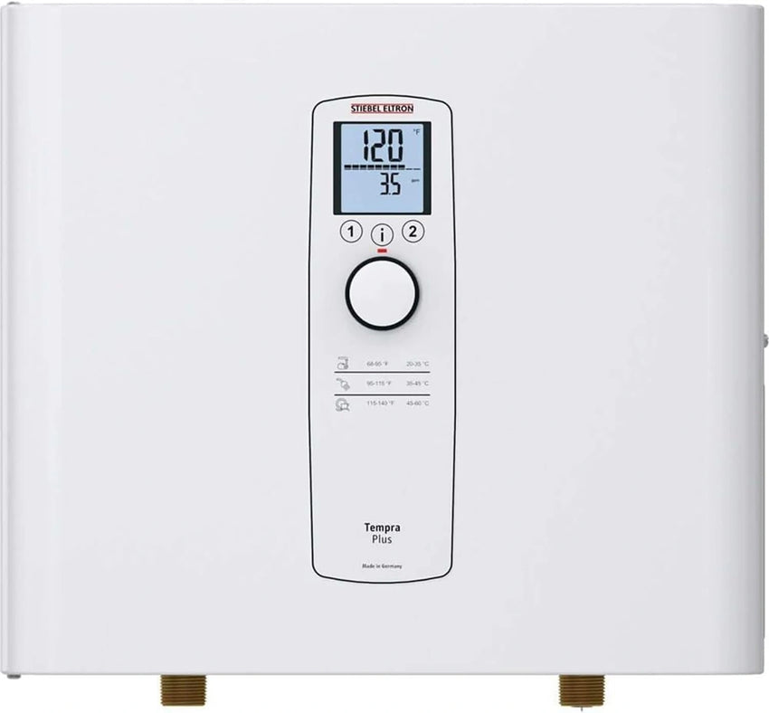 White water heater with digital display and control panel on a white background