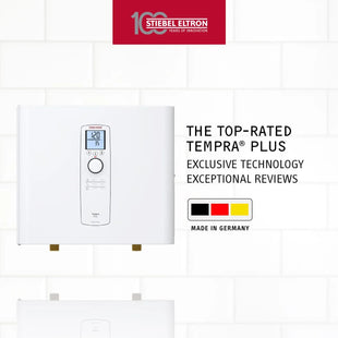 Stiebel Eltron Tempra Plus water heater with branding and product features on a white background
