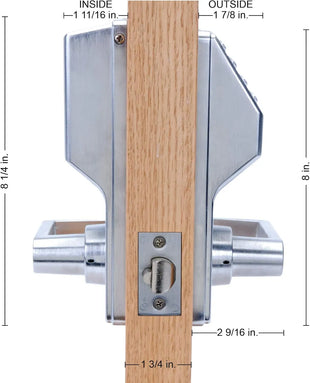 Door handle with lock mechanism and dimensions labeled
