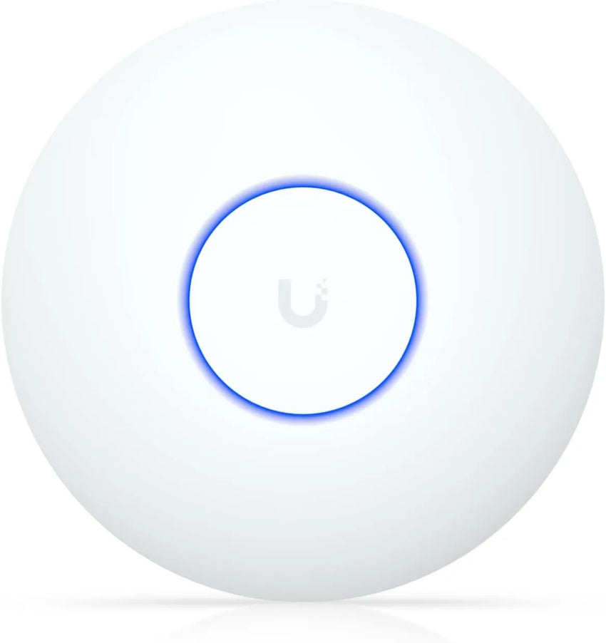 Ubiquiti U7 Lite Dual Band Wi-Fi 7 Wireless AP front view showing LED indicators and sleek design.