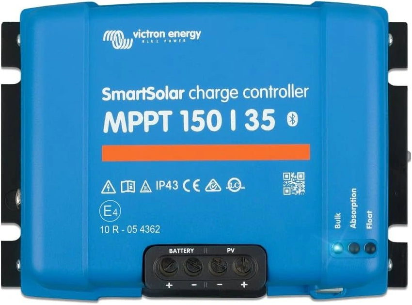 Blue Victron Energy SmartSolar charge controller with label on a white background