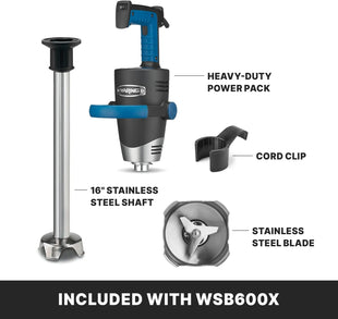 Waring WSB600X blender parts including power pack, shaft, clip, and blade on a white background.